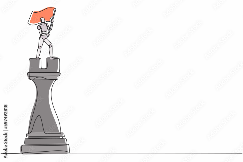 Poster single one line drawing robot standing on top of big rook chess and waving flag. future technology d