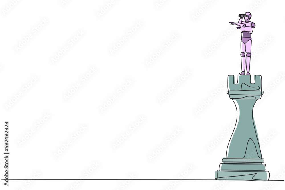 Poster single one line drawing robot on top of big rook chess piece using monocular. future technology deve