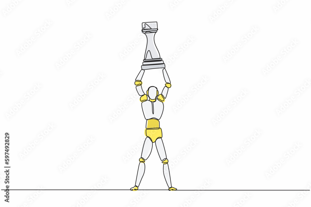 Poster continuous one line drawing robot standing and lifting up rook chess piece. humanoid robot cyberneti