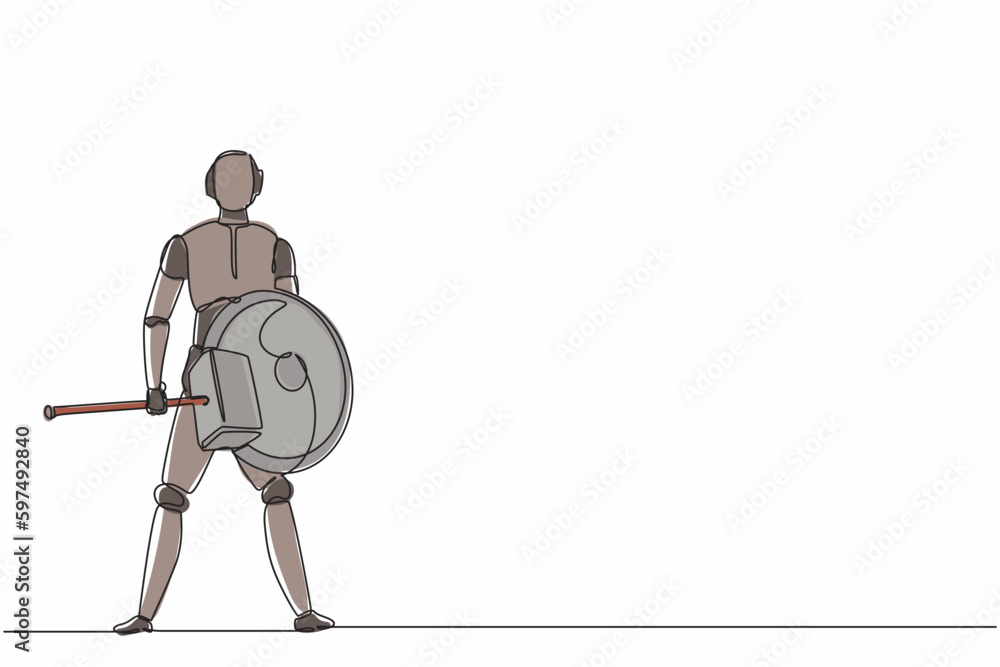 Poster single one line drawing robot standing holding hammer and shield. future technology development. art