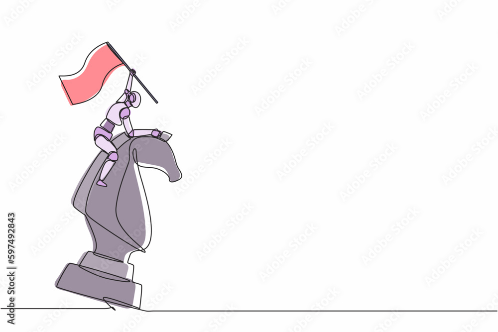 Poster single one line drawing robot standing on top of big horse knight chess and waving flag. future tech