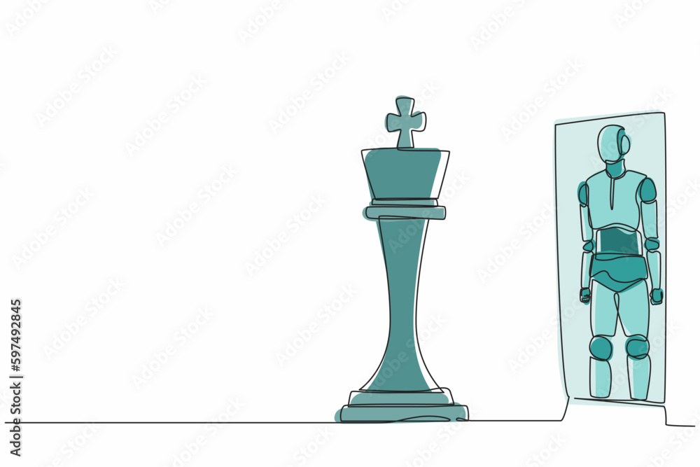 Poster single continuous line drawing robots standing in front of mirror, reflecting chess king. modern rob