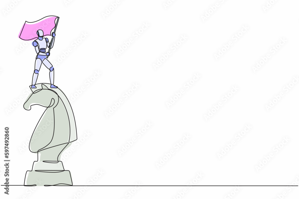 Poster continuous one line drawing robots riding big chess horse knight and holding flag. humanoid robot cy