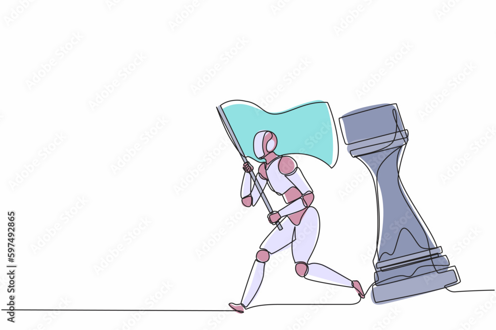 Poster continuous one line drawing robots running and holding flag beside big rook chess piece. humanoid ro