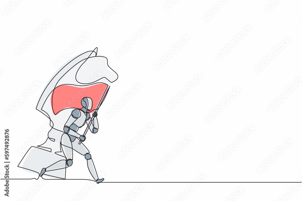 Poster continuous one line drawing robots running and holding flag beside big horse knight chess. humanoid 