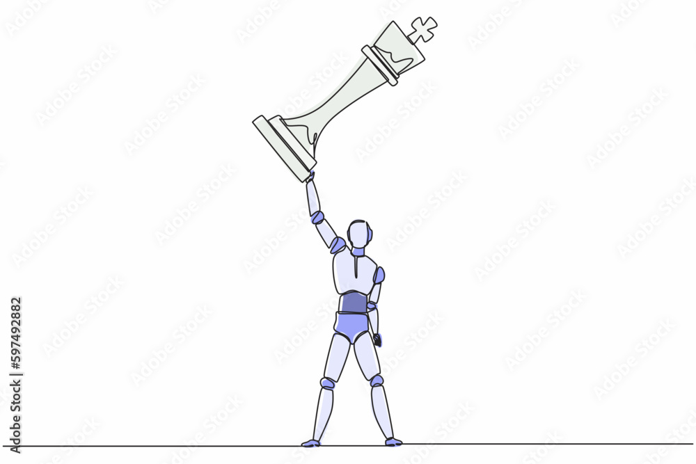 Poster continuous one line drawing robot standing and lifting up king chess piece. humanoid robot cyberneti