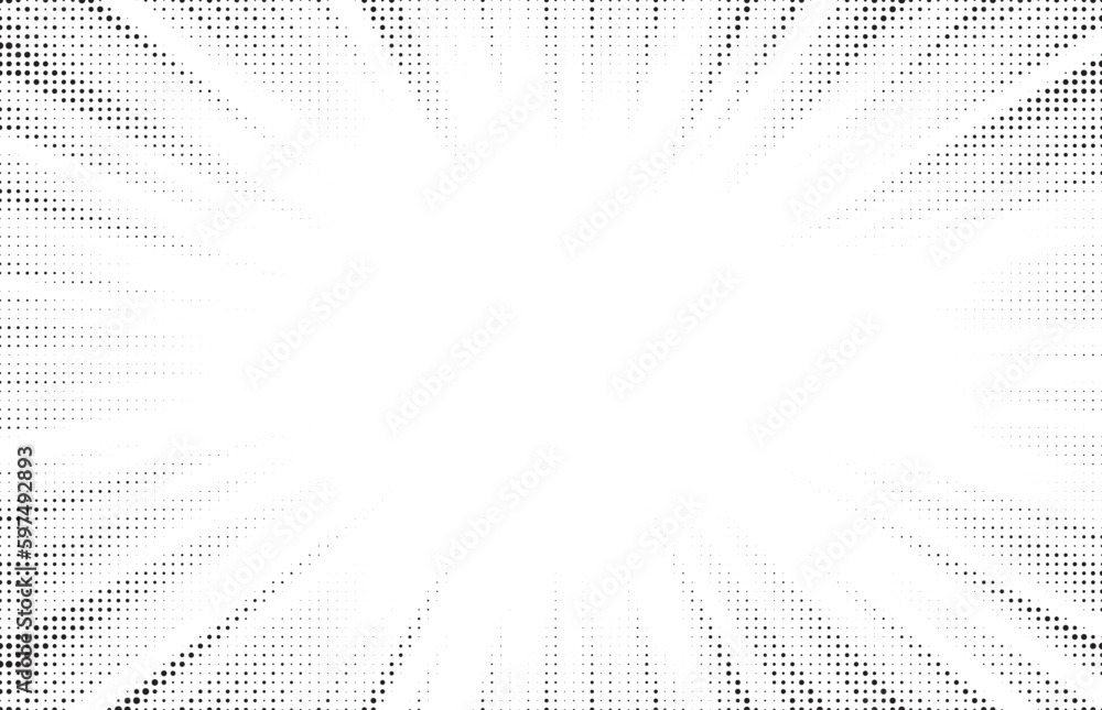 Fototapete Halftone comics background. Abstract lines backdrop. Design frames for title book. Texture explosive polka. Beam action. Pattern motion flash. Rectangle fast boom zoom. Vector illustration.