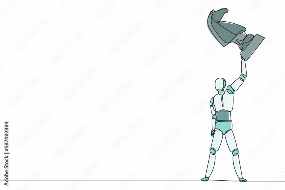 Poster single continuous line drawing robot lifting up knight chess piece. modern robotics artificial intel