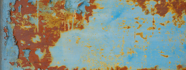 Abstract rusty peeled off, exfoliated painted weathered old aged rust metal iron steel wall texture background banner panorama