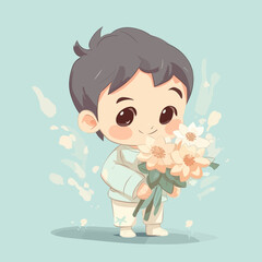 Baby boy holding a flower