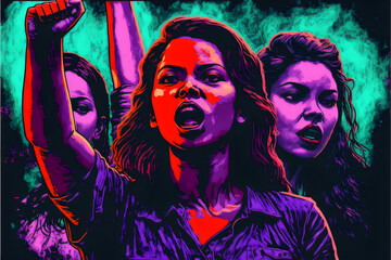 Fototapeta na wymiar group of women protesting with raised fists in green, purple and red, grunge painting made with generative ai 