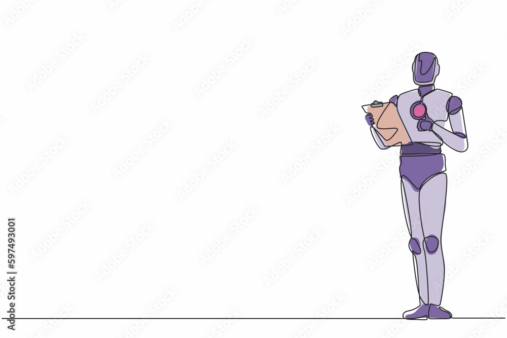 Poster single one line drawing robot holding clipboard and showing thumbs up gesture. future technology dev
