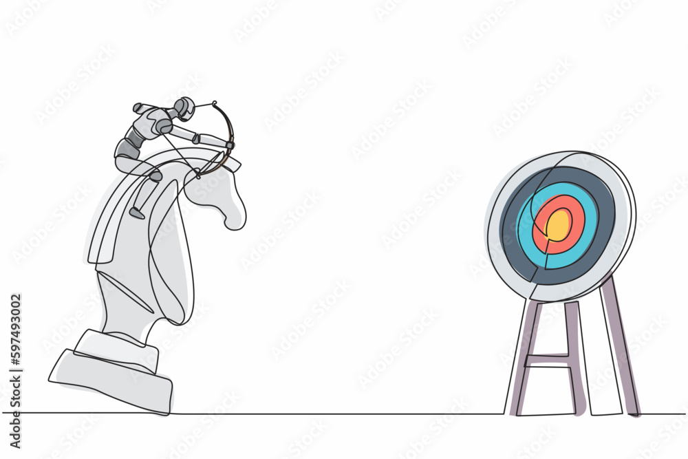 Poster single one line drawing robot holding archery aiming target while riding chess knight horse. future 