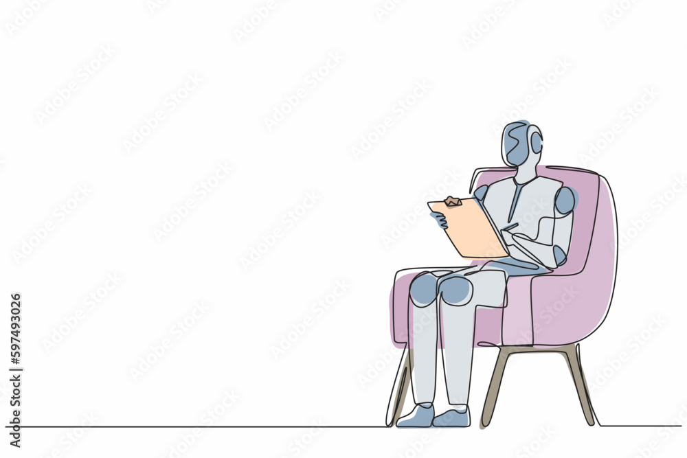 Poster Single continuous line drawing robots sitting on chair and writing on clipboard. Modern robotics artificial intelligence technology. Electronic technology industry. One line draw graphic design vector