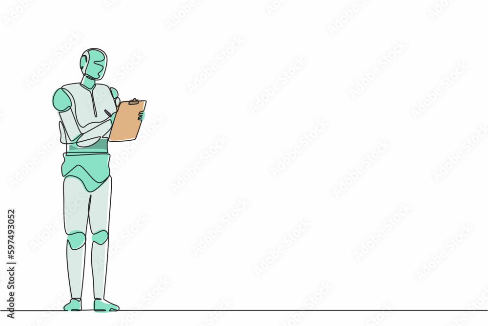 Poster single continuous line drawing robots standing and pointing clipboard. modern robotics artificial in