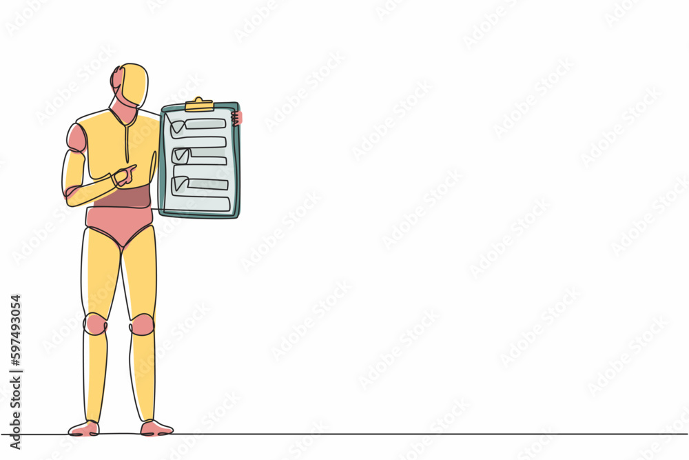Poster single continuous line drawing robots standing and pointing clipboard. modern robotics artificial in