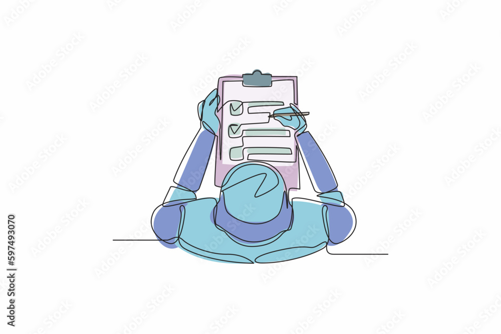 Poster single continuous line drawing robots check document on clipboard. modern robotics artificial intell
