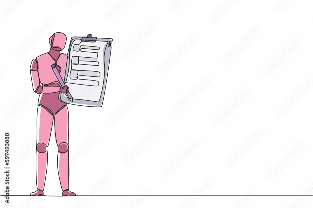 Poster single one line drawing robot holding clipboard with checklist. future technology development. artif