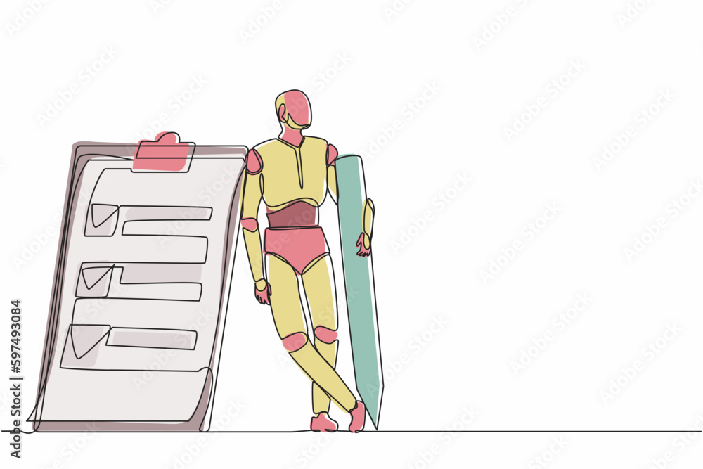 Poster single continuous line drawing robots holding big pencil and lean on clipboard. modern robotics arti