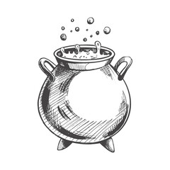 Halloween cauldron  isolated  on white background. Hand drawn vector sketch doodle graphic illustration. Halloween party, holiday, cloth, print, icon, logo, paper, decor.