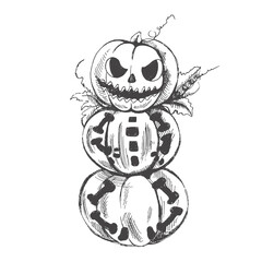 Vector hand drawn Halloween  Illustration. Detailed retro style hand-drawn funny and scary pumpkin sketch isolated on white background. Vintage sketch element for labels, packaging and cards design.