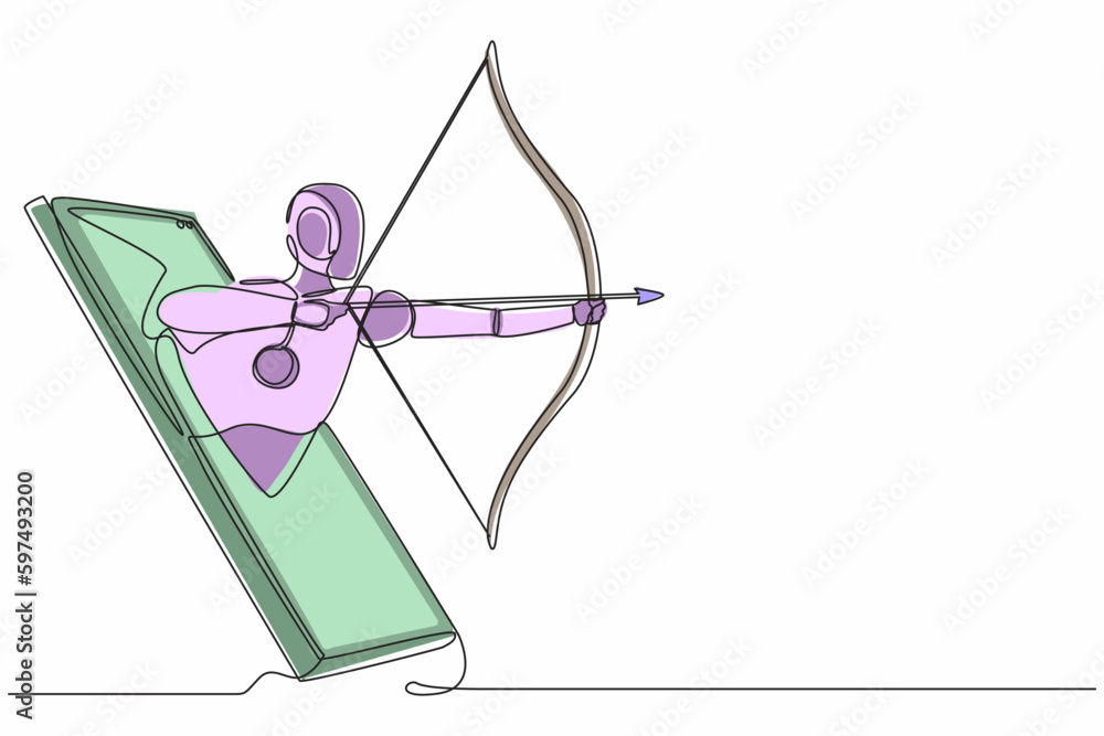 Poster continuous one line drawing robots come out from cellular phone holding bow and arrow aiming to shoo