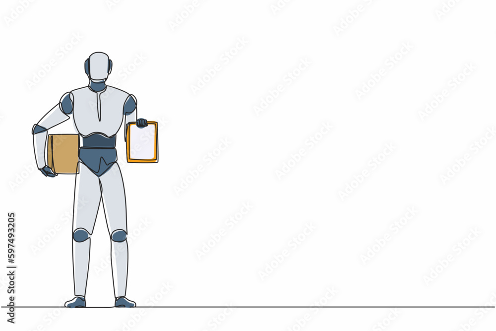 Poster single continuous line drawing robot holding boxes and clipboard with documents. modern robotics art