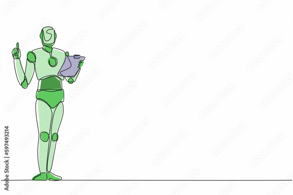 Poster continuous one line drawing robots holding clipboard and pointing index finger up. humanoid robot cy