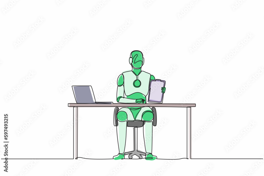 Poster continuous one line drawing robots sitting near office desk and showing clipboard. humanoid robot cy