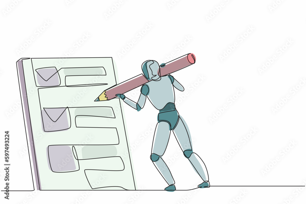 Poster continuous one line drawing robots standing and mark checklist with big pencil. humanoid robot cyber