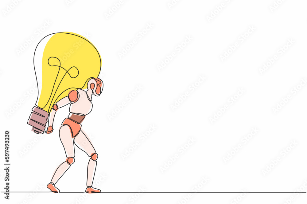 Poster single continuous line drawing robot carrying heavy big lightbulb. future technology development. ar