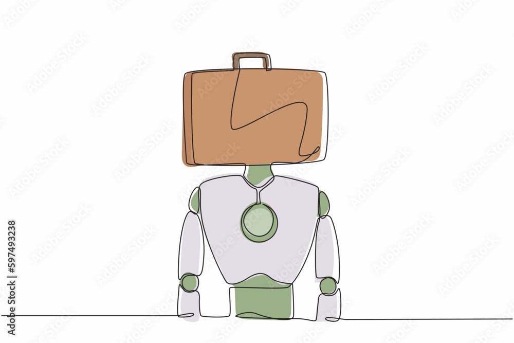 Poster continuous one line drawing robot with briefcase instead of head. future technology development. art