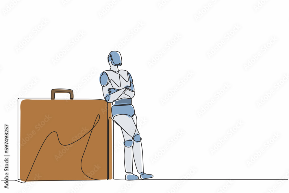 Poster continuous one line drawing robots lean on huge briefcase. modern robotics artificial intelligence t
