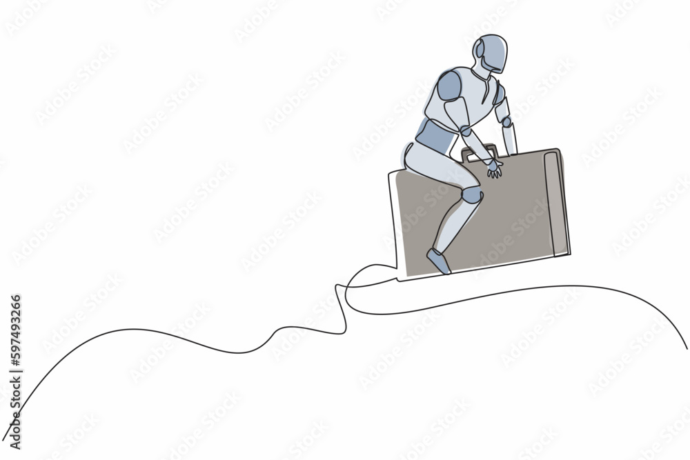 Poster single continuous line drawing robot riding and flying with briefcase rockets. humanoid robot cybern