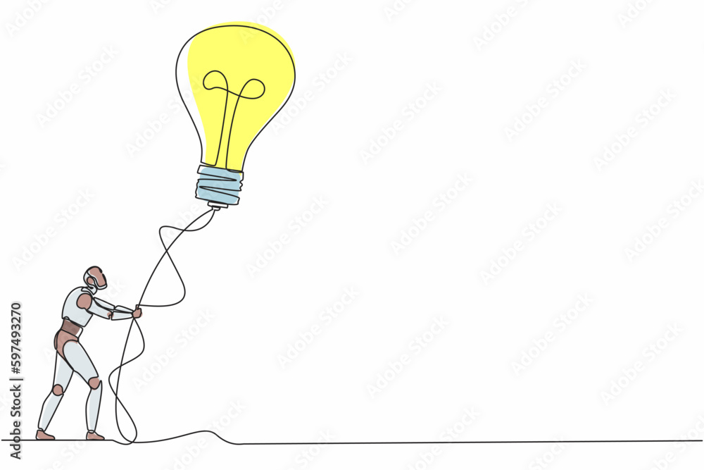 Aufkleber single continuous line drawing robot holding flying lightbulb balloon with rope. modern robotics art
