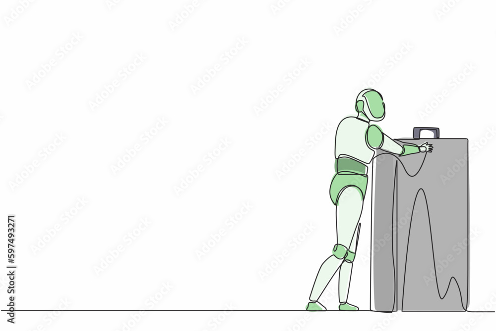 Poster single continuous line drawing robots standing and hugging huge briefcase. humanoid robot cybernetic