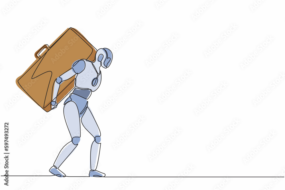 Poster continuous one line drawing robots standing and carrying heavy huge briefcase. humanoid robot cybern