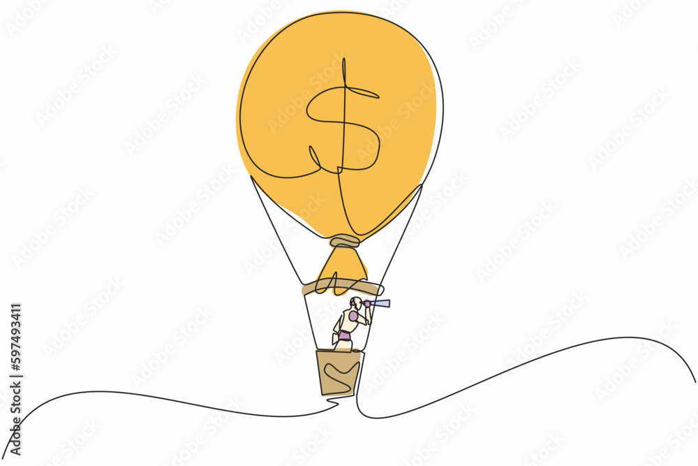 Poster single continuous line drawing robots in hot air balloon with money bag looking with telescope or mo