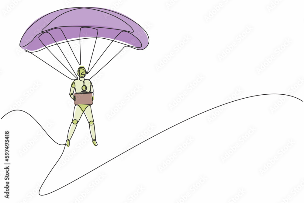 Poster single one line drawing robots jump with parachute and holding briefcase. humanoid robot cybernetic 