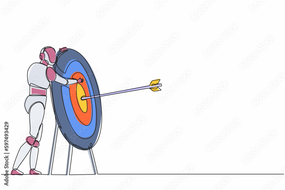 Poster single continuous line drawing robots hugging huge target with arrow on target. modern robotics arti