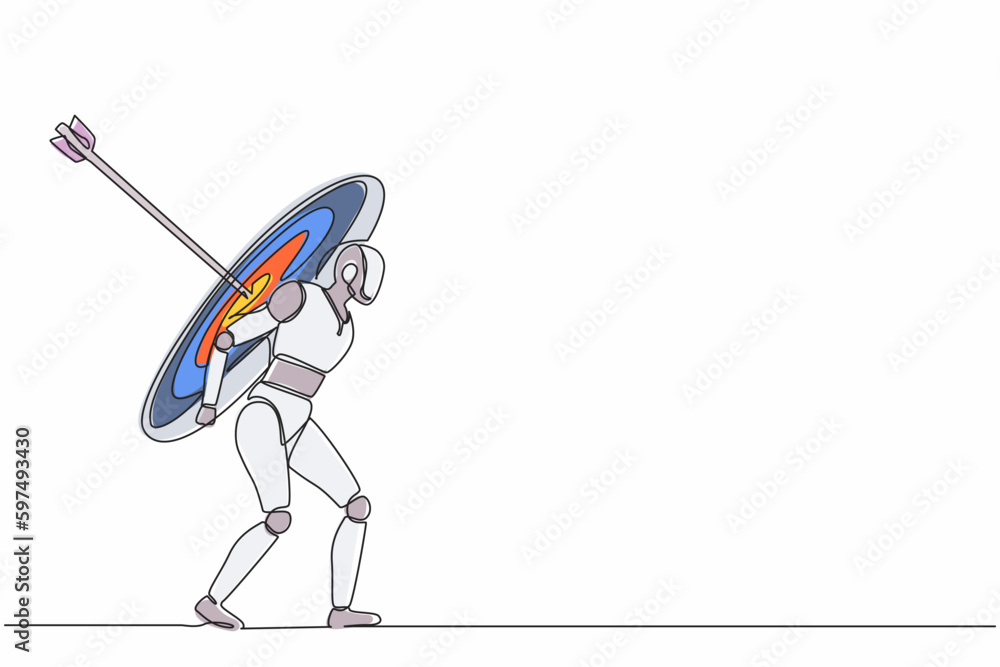 Poster continuous one line drawing robots carrying heavy huge target with exact arrow. humanoid robot cyber