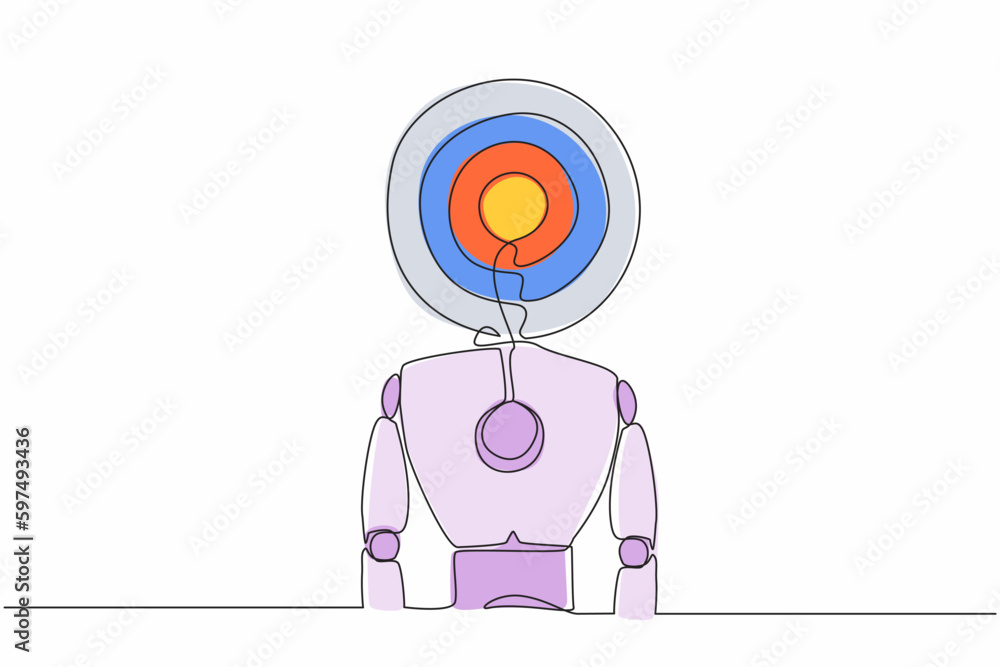 Poster single one line drawing robot with target instead of head. future technology development. artificial