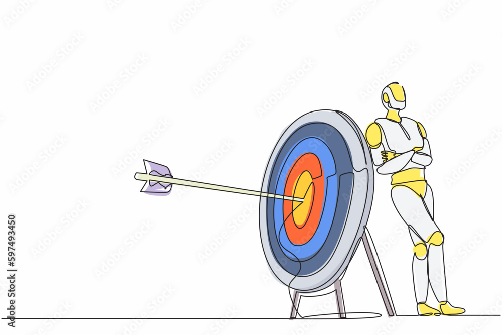 Poster single continuous line drawing robots lean on huge target with arrow on target. modern robotics arti