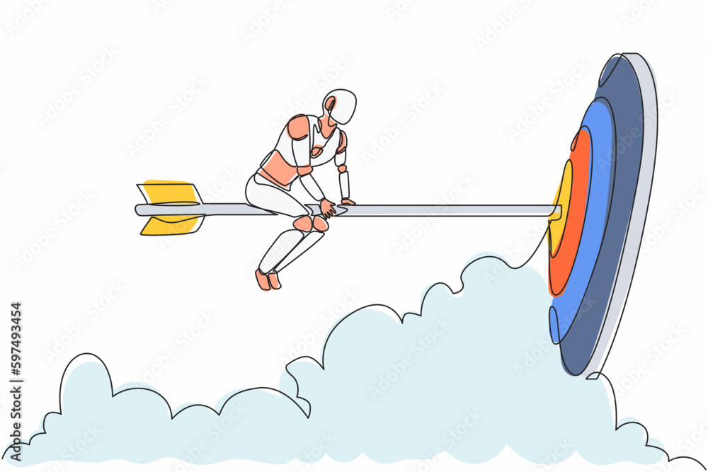 Poster single one line drawing robots riding big arrow with exact target. future technology development. ar