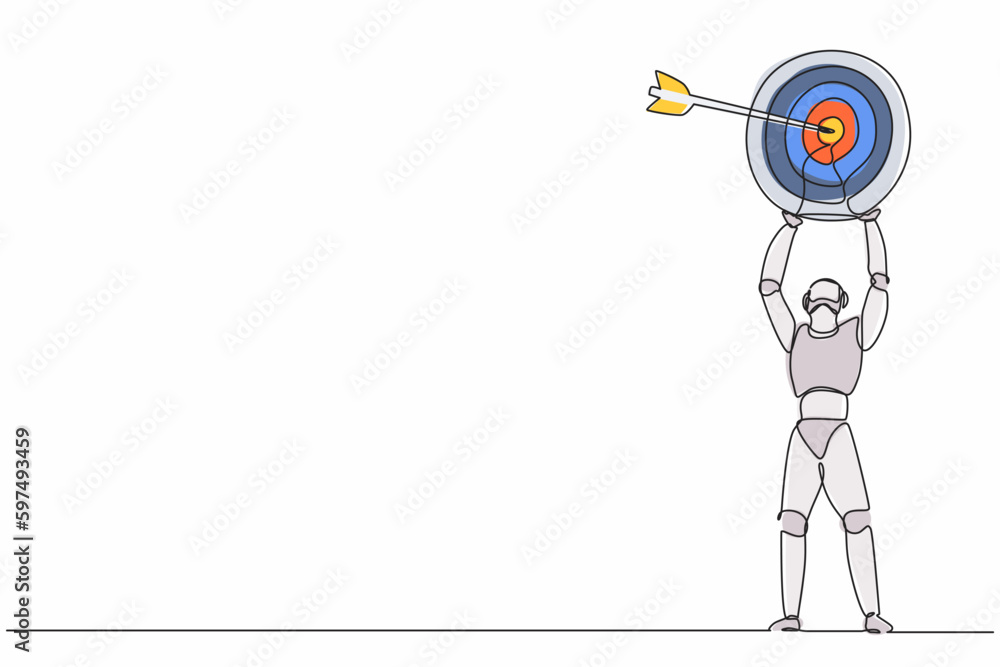 Poster single one line drawing robot lifting up big target with accurate arrow. future technology developme