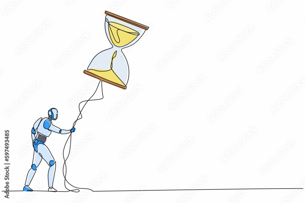 Poster single continuous line drawing robot holding flying hourglass balloon with rope. modern robotics art