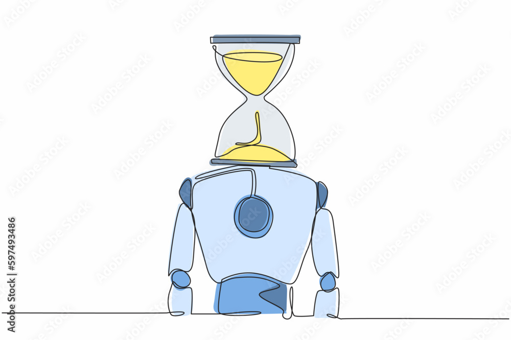 Poster single one line drawing robot with hourglass instead of head. future technology development. artific
