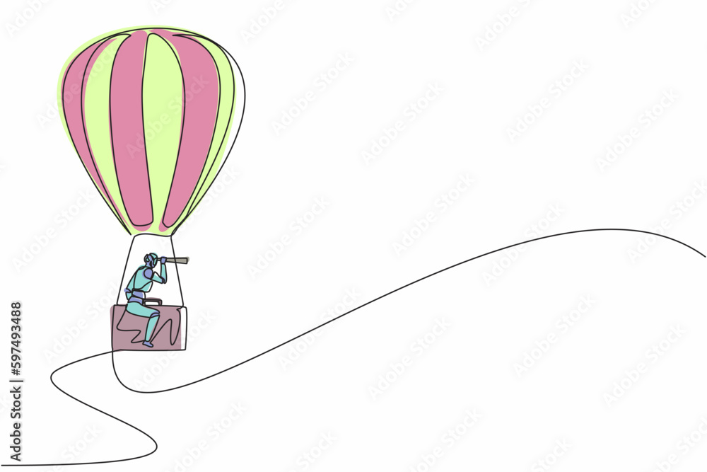 Aufkleber single continuous line drawing robots with monocular, ride hot air balloon briefcase. modern robotic