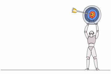 Single one line drawing robot lifting up big target with accurate arrow. Future technology development. Artificial intelligence and machine learning process. Continuous line draw design graphic vector