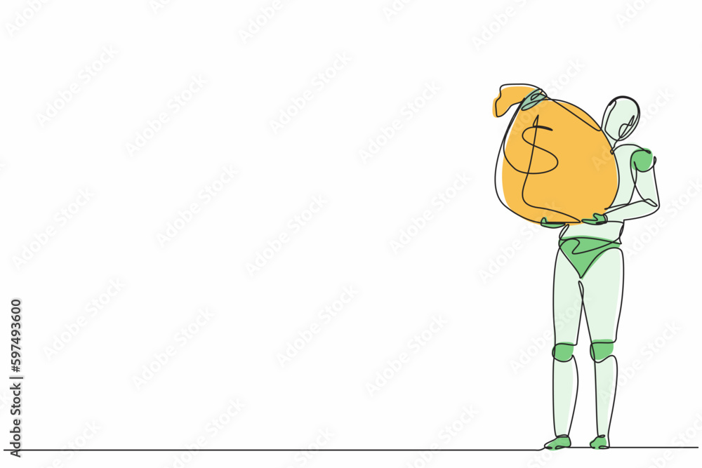 Poster single one line drawing robot carrying big heavy sack full cash money. future technology development